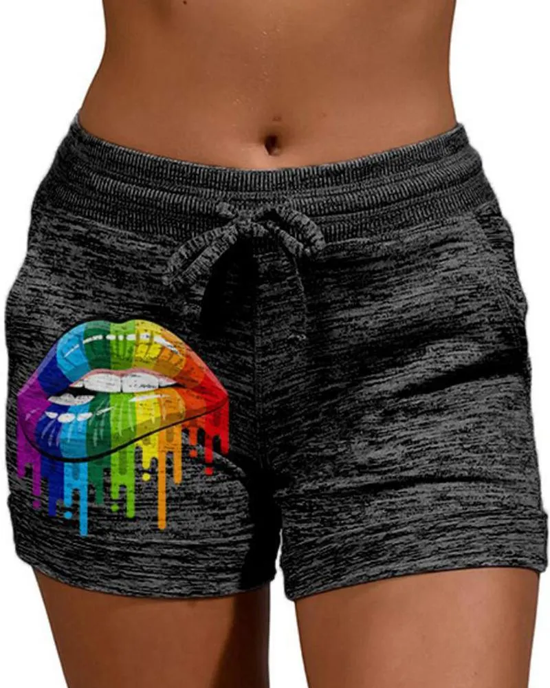 Solid Color Splicing Multicolor Lip Print Drawstring Short Pants