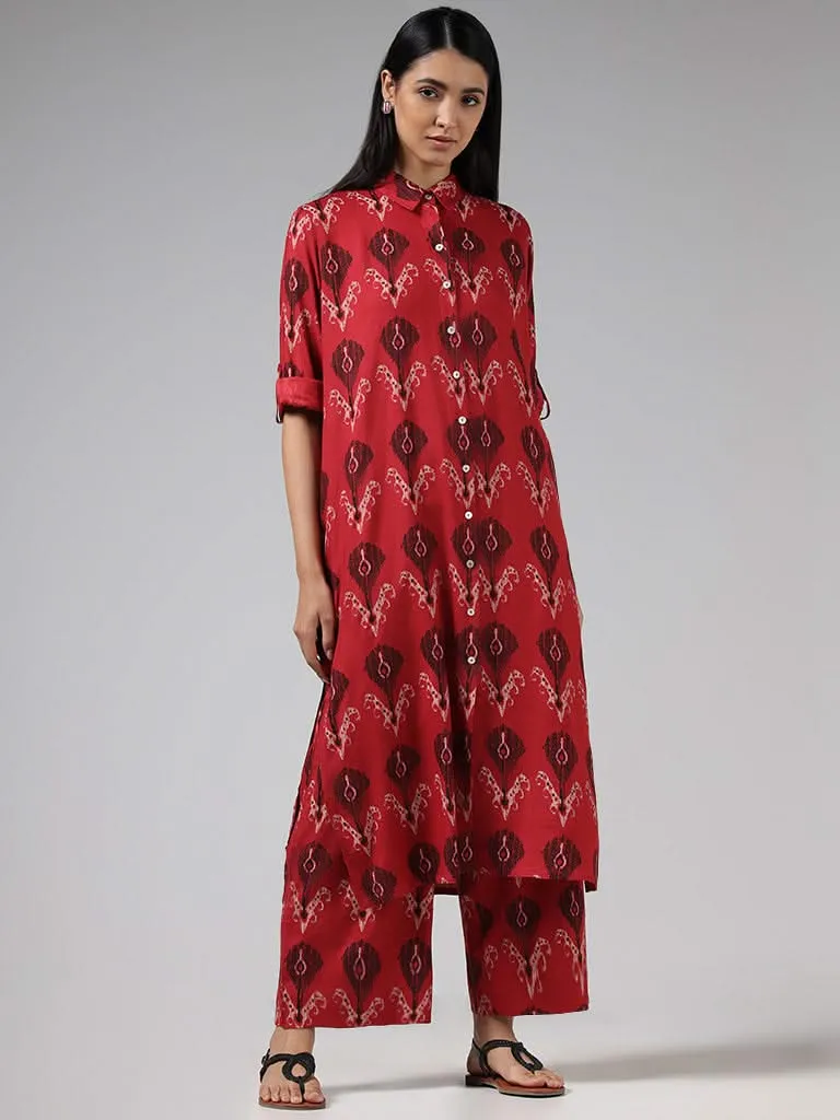 Utsa Red Ikat Printed Wide-Leg Pants