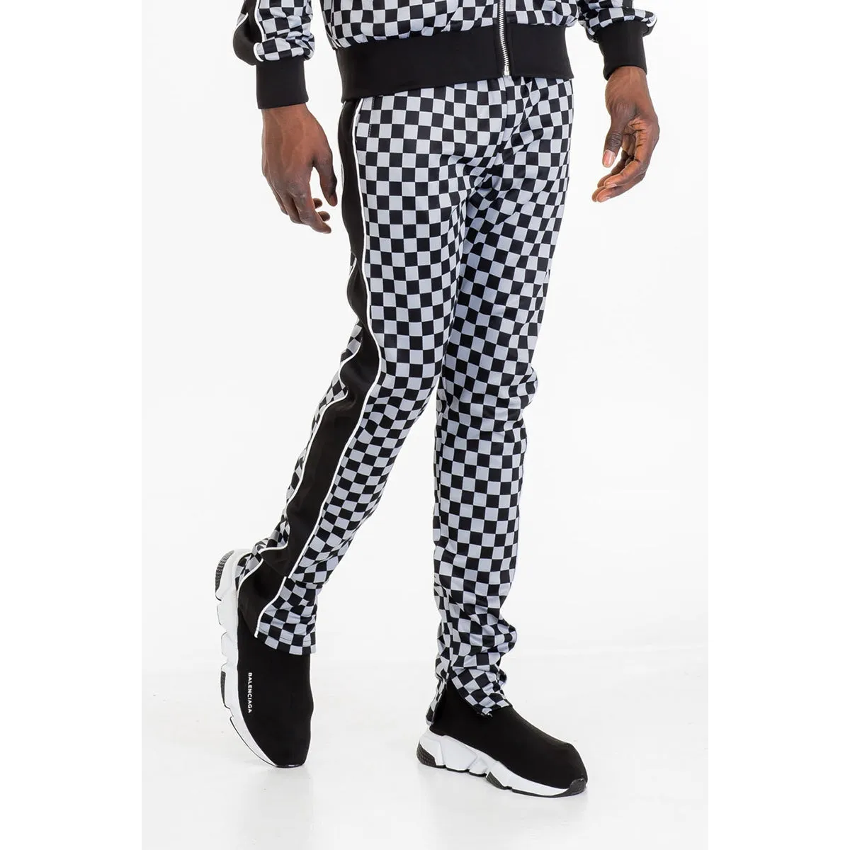 White Checkered Side Stripe Track Pants