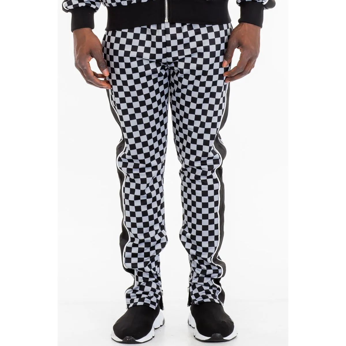 White Checkered Side Stripe Track Pants