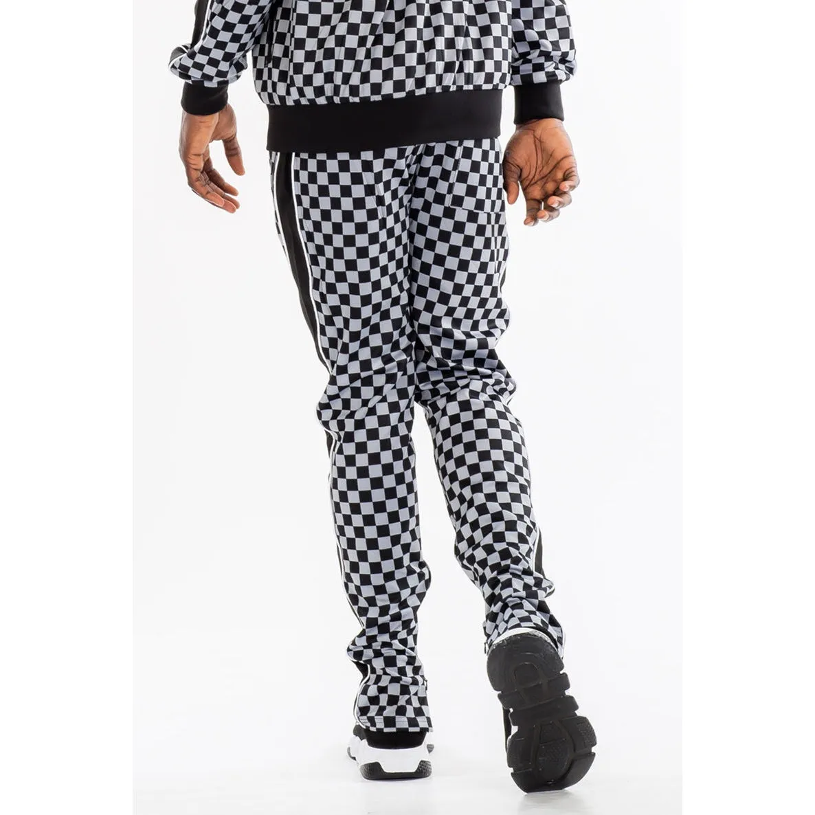 White Checkered Side Stripe Track Pants