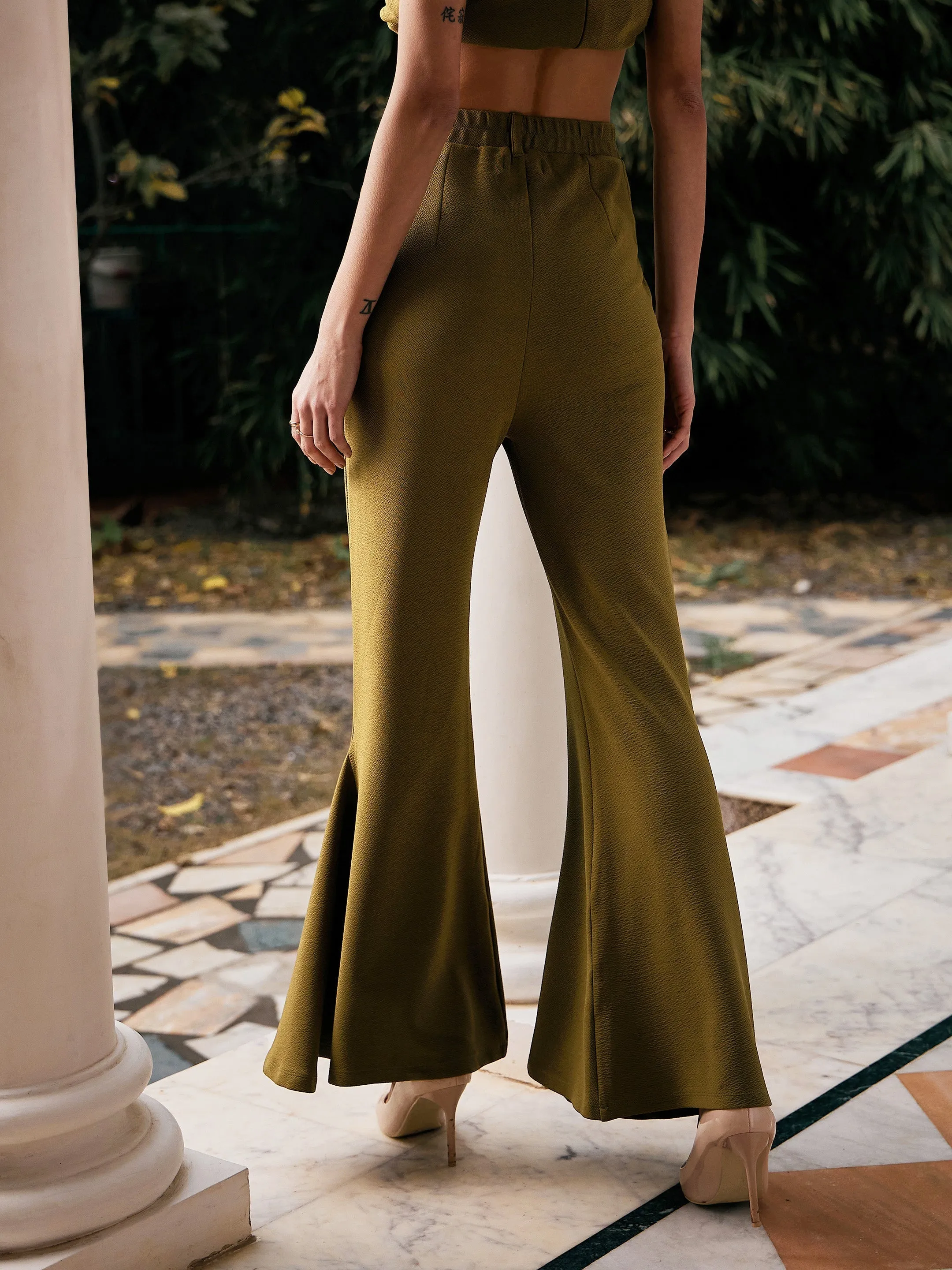 Women Olive Tie-Knot Top With Kick Pleat Pants