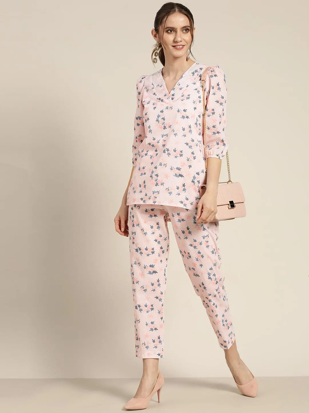 Women Powder Pink Floral Sustainable Straight Pants