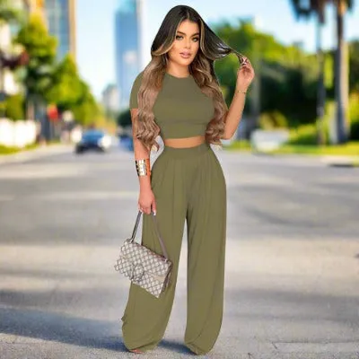 Women's Casual Wide Leg Pants and Short Sleeve Top Two-piece Outfit Set