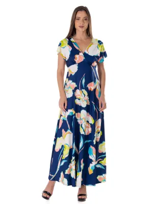 Womens Navy Floral Print V Neck Empire Waist Kimono Cap Sleeve Maxi Dress